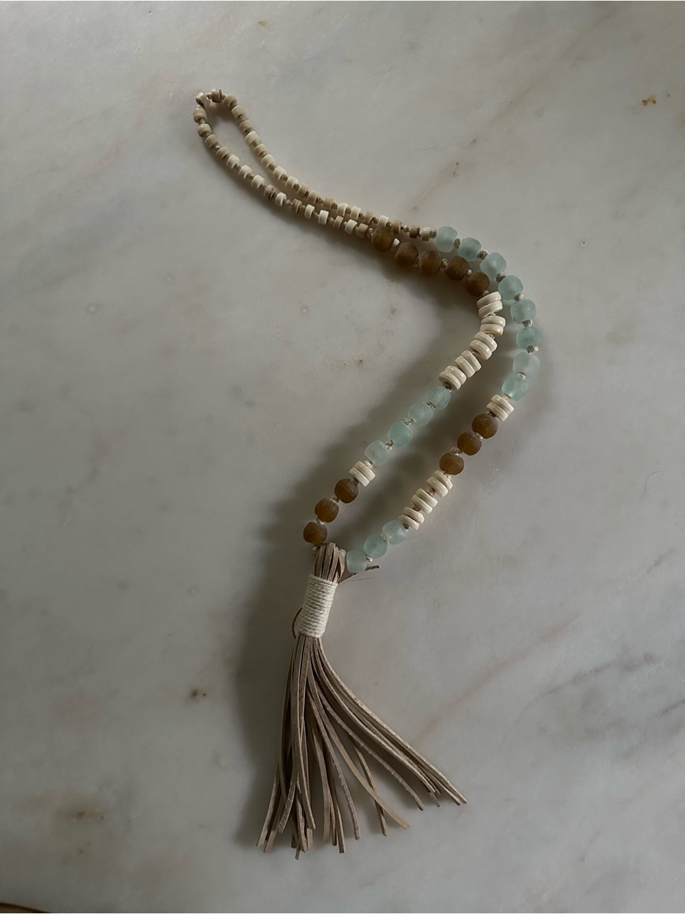Handmade Sea Glass Beaded Necklace with Leather Tassel in Seafoam, Brown, Cream